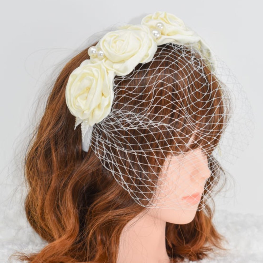 Ivory Satin Flowers Bridal Headband w/Face Veil